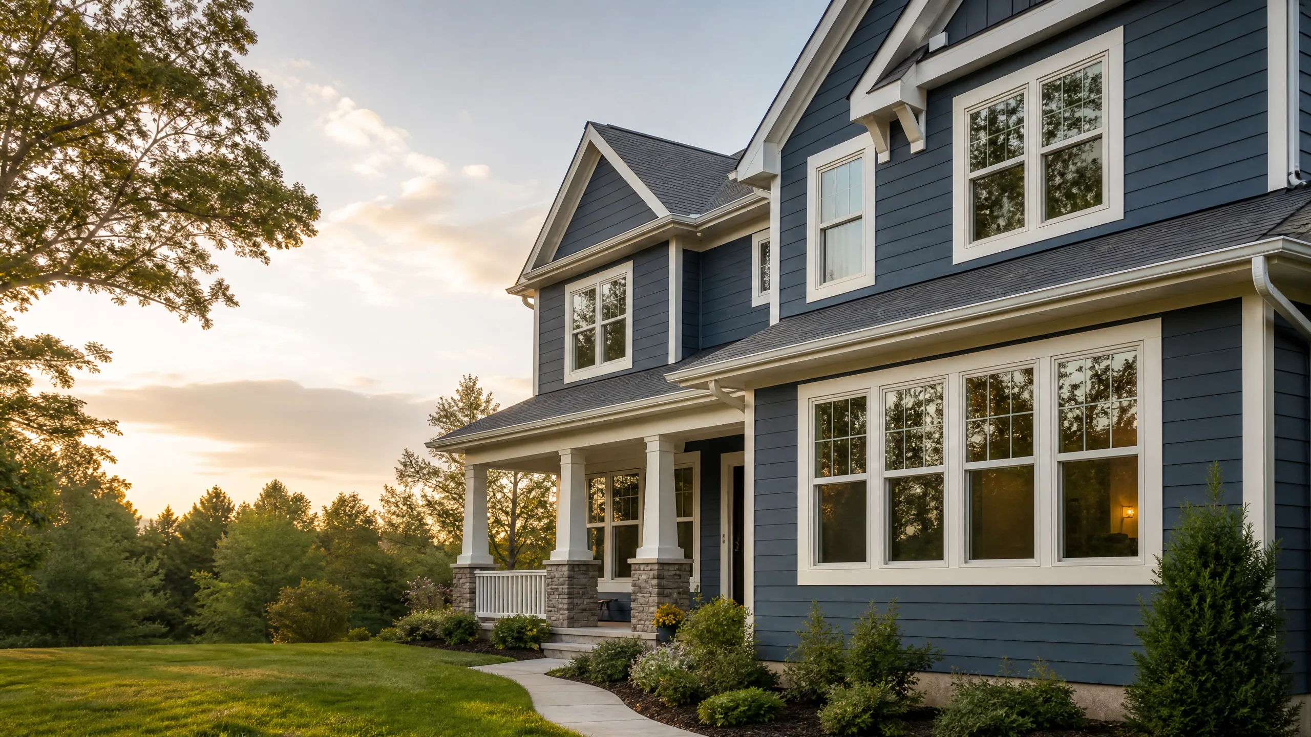 Blue-gray home exterior with newly installed white replacement windows